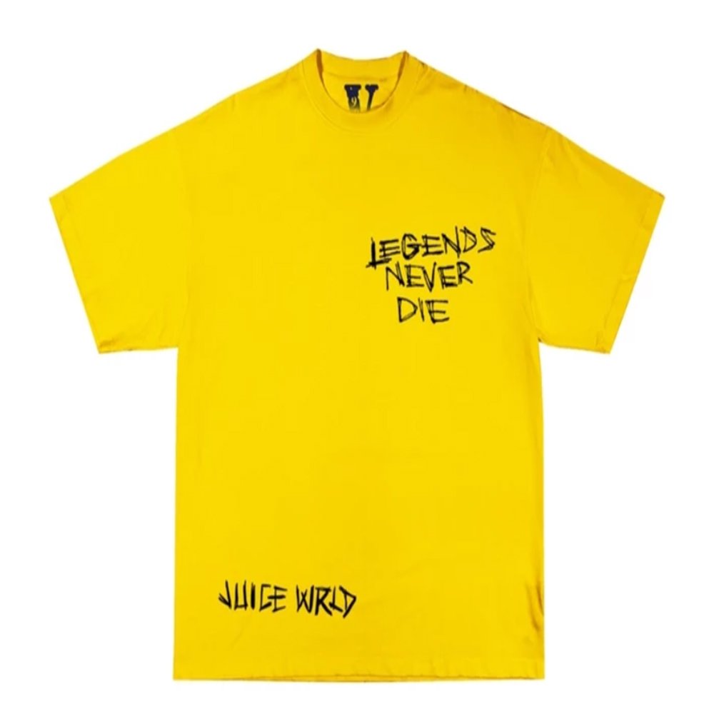 "Yellow Inferno Tee collaboration by Juice Wrld and Vlone, designed for adults."