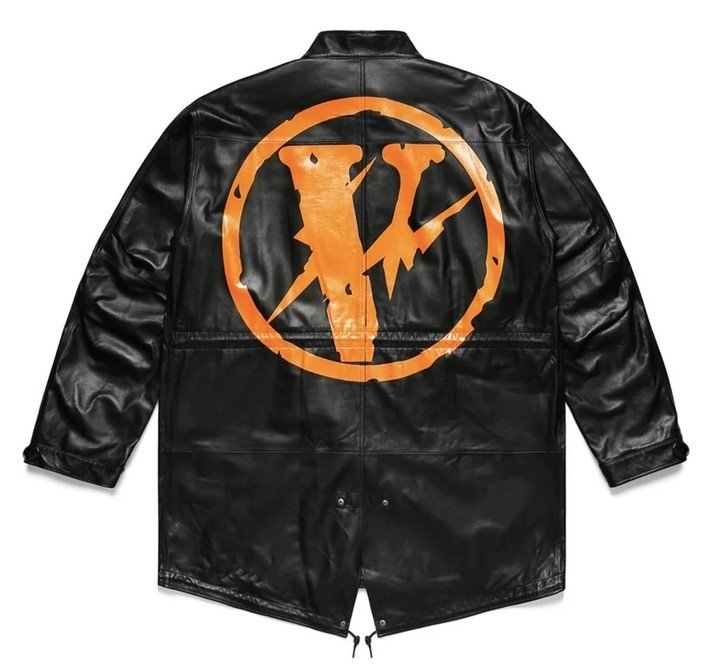 "Vlone Fragment Leather Jacket - A close-up view of the stylish and sophisticated leather jacket with unique design details."