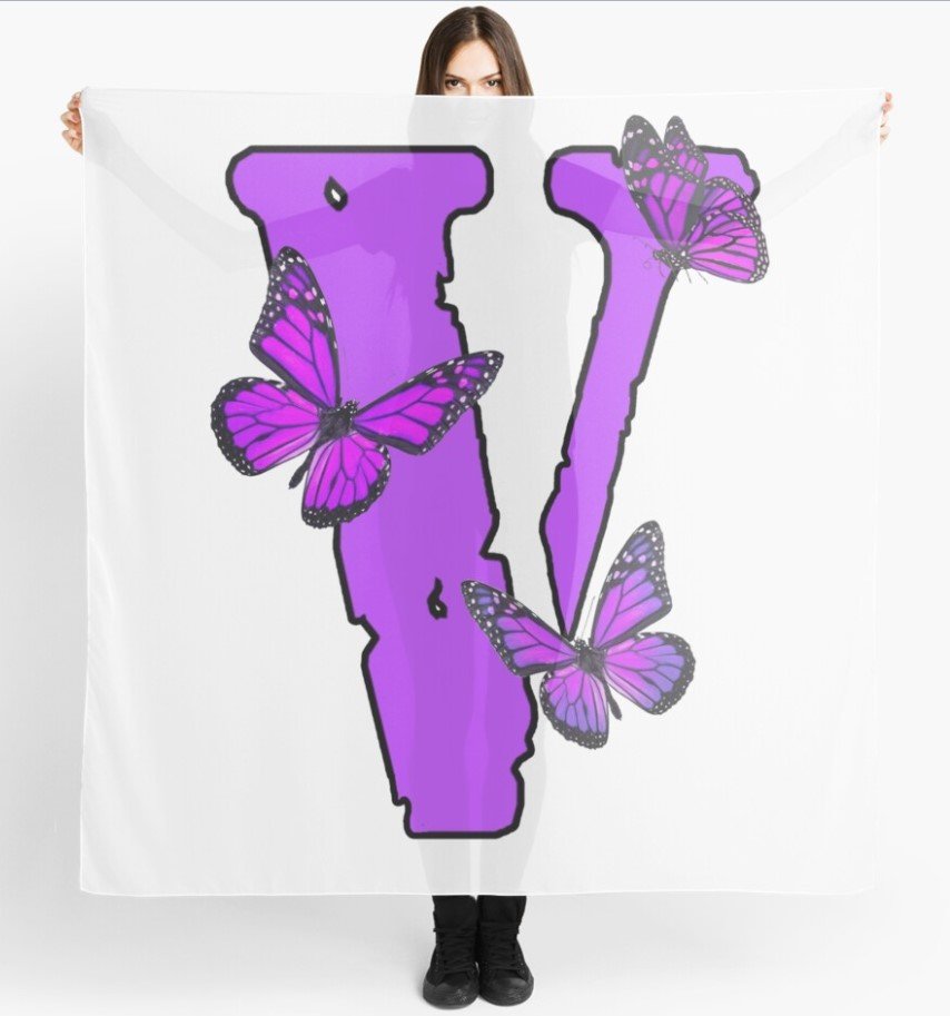 "Vlone Purple Butterfly Scarf: A purple scarf with a butterfly design."