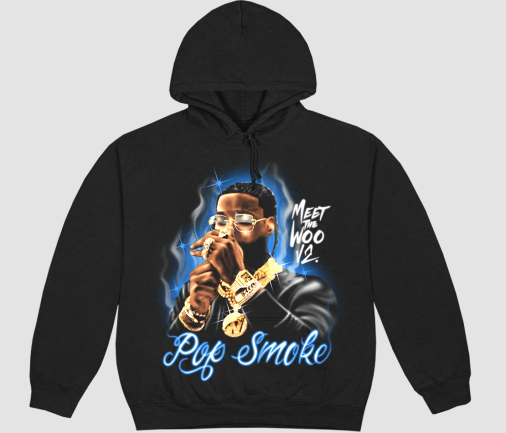 "Pop Smoke Meet The Woo 2 Hoodie featuring a tribute to the legendary rapper's music and style."