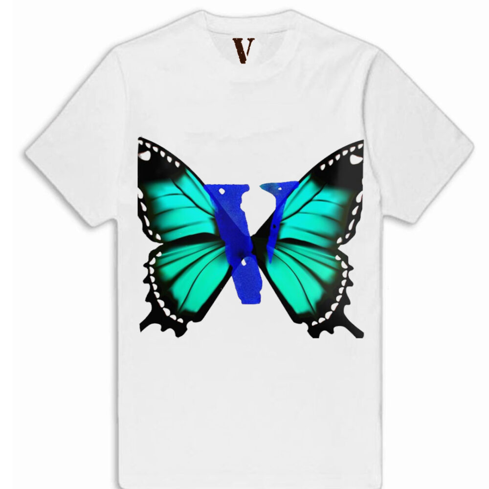 Vlone Butterfly Rainbow T-Shirt with colorful butterfly graphic on a black tee.