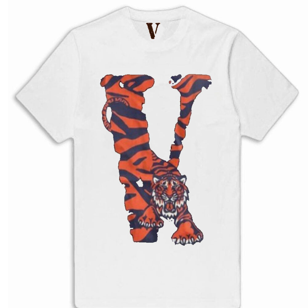 "Vlone Tiger Shape T-Shirt: A black tee with a fierce tiger graphic."
