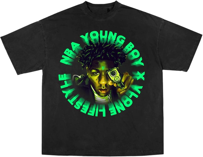 "YoungBoy NBA x Vlone Cross Roads Tee,YoungBoy NBA x Vlone Black t-shirt, a collaboration of style and music influences."