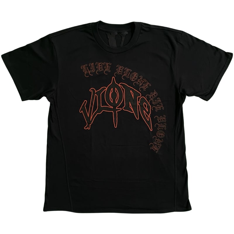 : A black Vlone Sulphur Gothic Graphic Tee with bold, intricate design and white Vlone logo."
