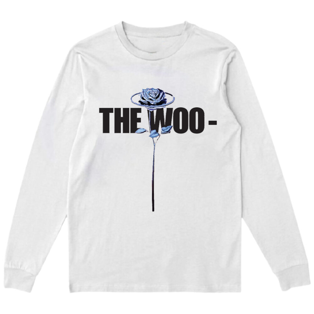 "Vlone x Pop Smoke 'The Woo' Sweatshirt in White" "Men's stylish white sweatshirt" "Tribute to the legendary Pop Smoke" "Iconic 'The Woo' design collaboration" "High-quality streetwear apparel" "Fashion statement with a classic touch" "Pop Smoke fan merchandise"