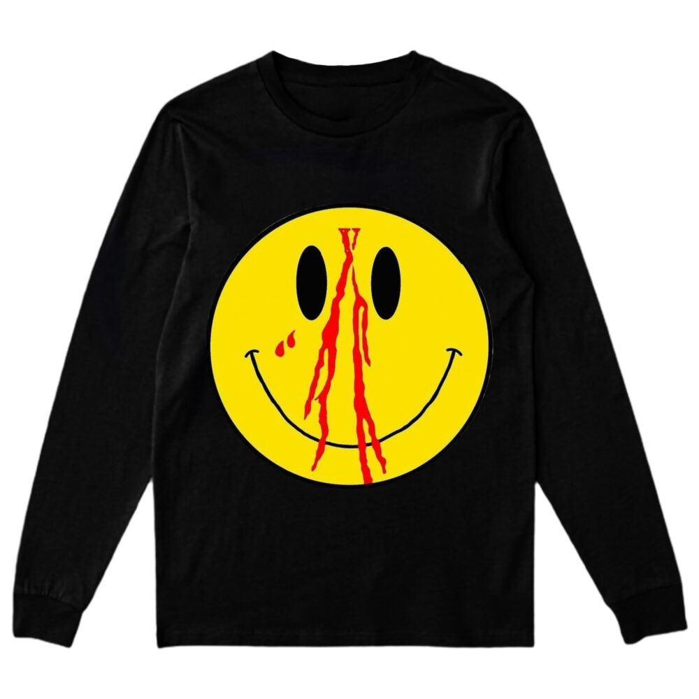 "Black Vlone Blood Smiley Face Sweatshirt featuring a bold and distinctive design."