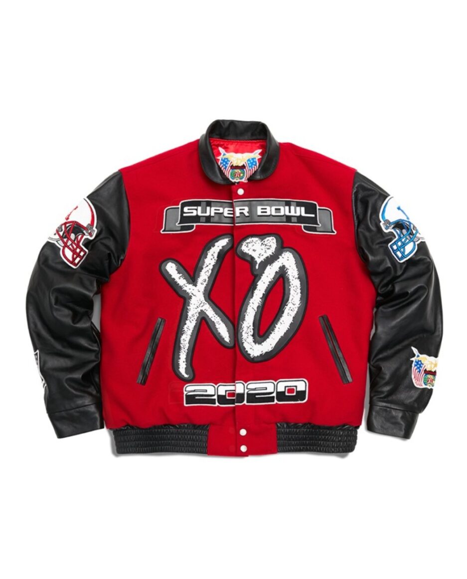 A vibrant red varsity jacket featuring The Weeknd and Warren Lotas' collaborative design for Super Bowl LV.