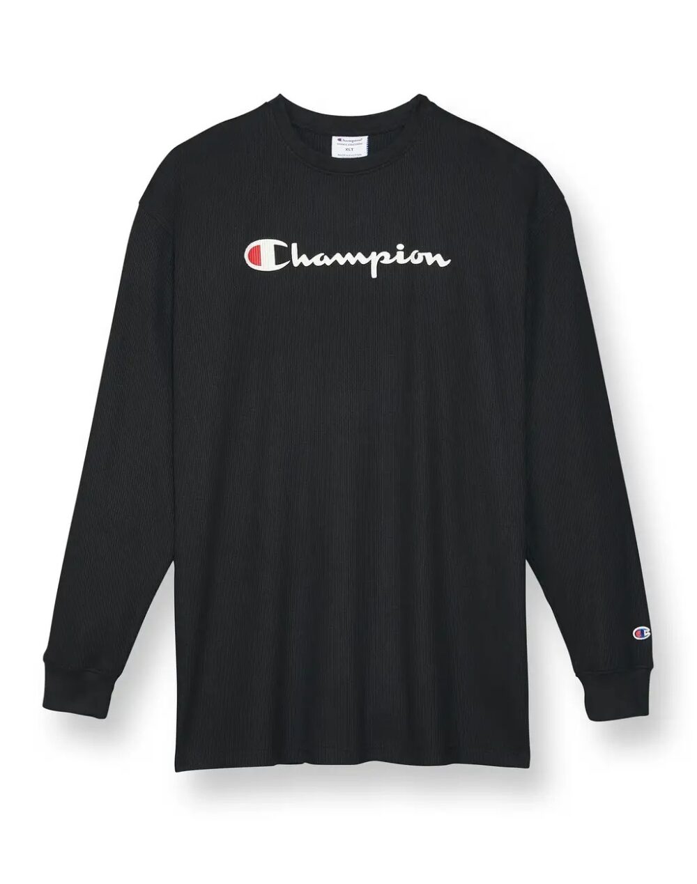 Champion Big Tee, Black crewneck tee with script logo, Designed for big and tall sizes, Comfortable waffle fabric, Available in a range of sizes for all body types, Classic crewneck style for a relaxed fit, Perfect for casual or athletic wear