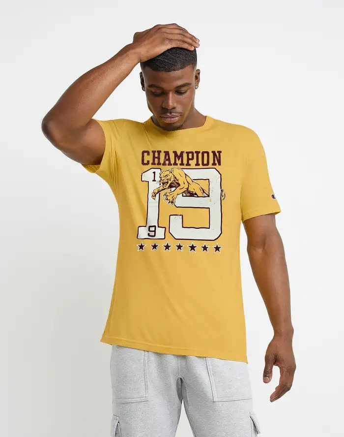 Champion Tee, Specify the color of the tee, e.g, Mention any unique design elements like logos, patterns, or graphics
