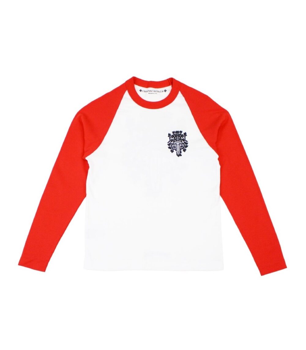 "White and Red Chrome Hearts Dagger Baseball Shirt, a classic and stylish fashion piece."