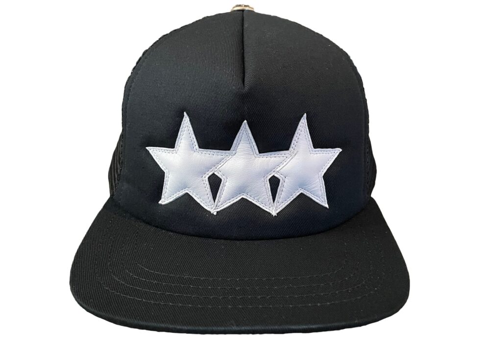 "Black and white Chrome Hearts Leather Star Trucker Hat, a stylish and unique fashion accessory."