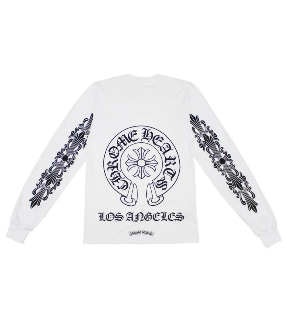 "White longsleeve shirt with exclusive Chrome Hearts Los Angeles design."