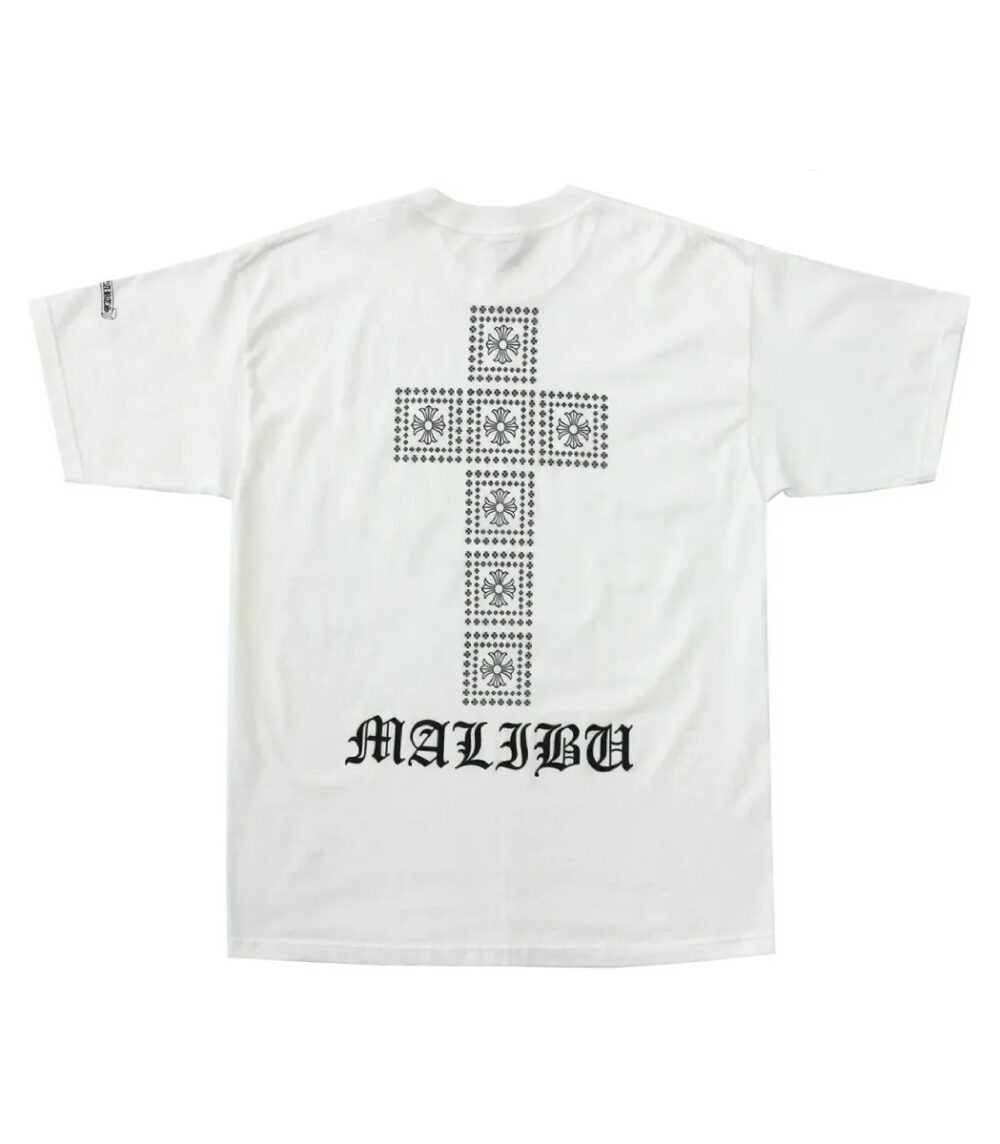 "White Chrome Hearts Malibu Exclusive Square Cross T-Shirt with iconic cross design."