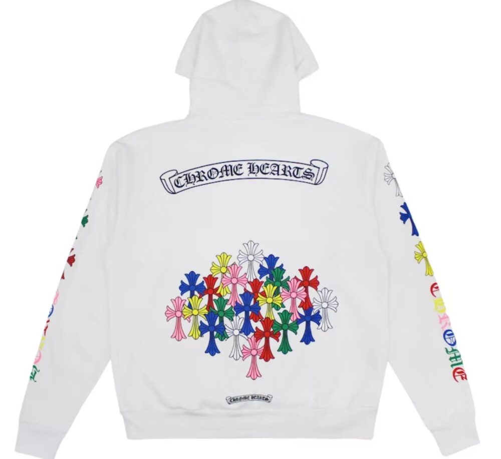 A white Chrome Hearts Multi Color Cross Hoodie with a vibrant cross design."