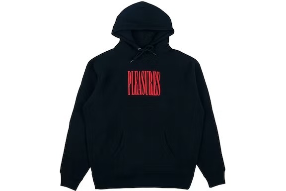Black Pleasures Stretch Hoodie with subtle logo detail, showcasing a comfortable and versatile streetwear style."