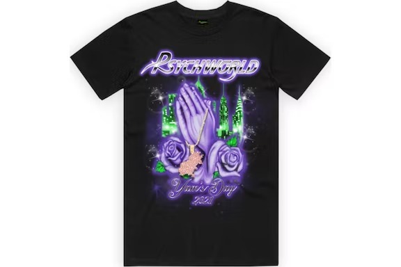 "Black Psychworld Yams Day Praying Hands T-shirt with unique design."