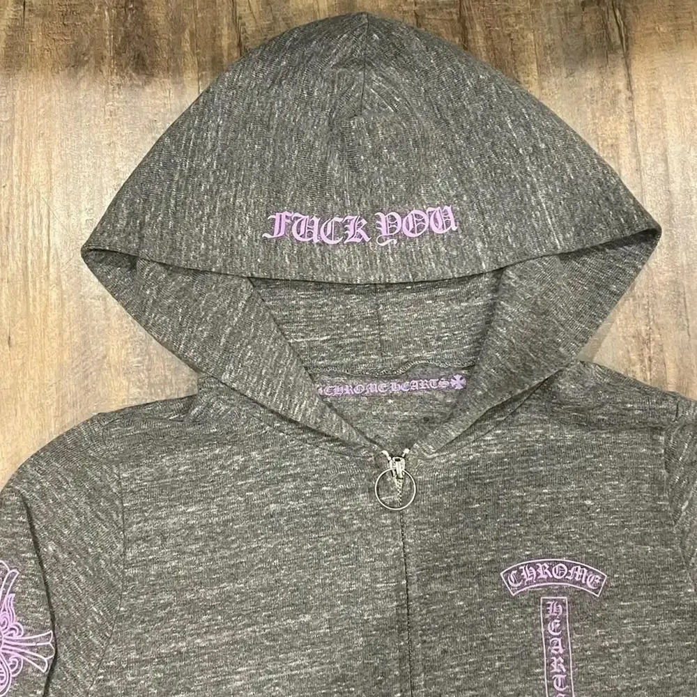 RARE Chrome Hearts Floral Cross Pink Logo Zip Up Grey Hoodie