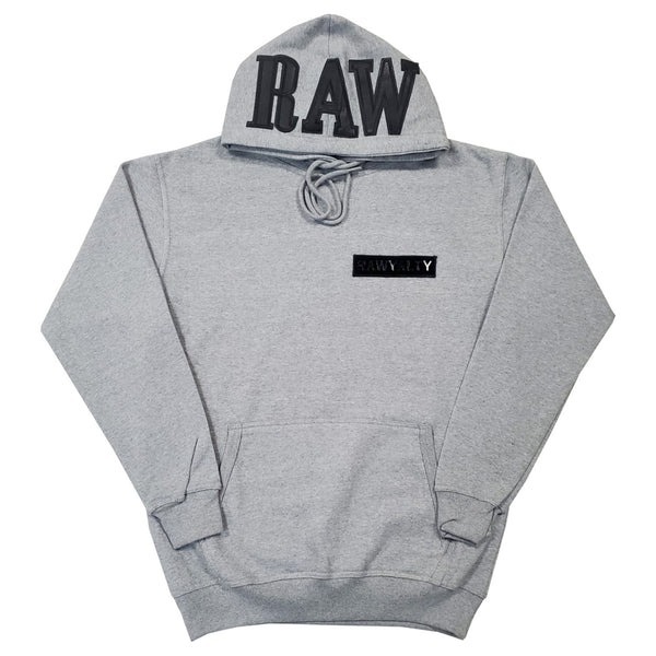 "Raw Logo PU Hoodie: Black polyurethane hoodie with Raw logo on front."