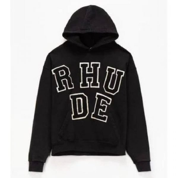 Black Rhude Cotton Chenille Hoodie, Embroidered Logo Hoodie,