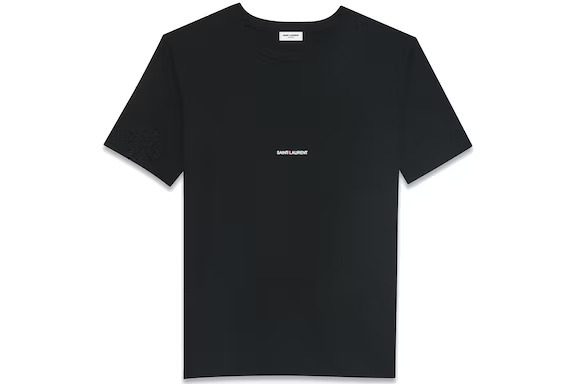 "A black Saint Laurent Basic Logo T-Shirt featuring the brand's iconic logo."