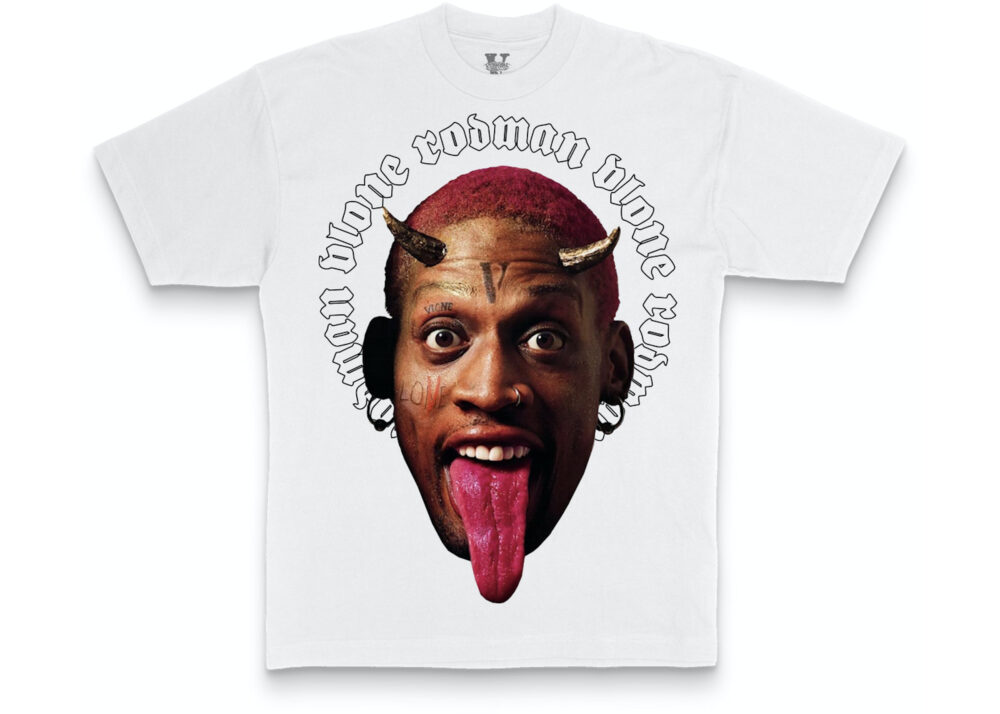 "White Vlone Rodman Devil T-Shirt featuring a red devil graphic on the front."