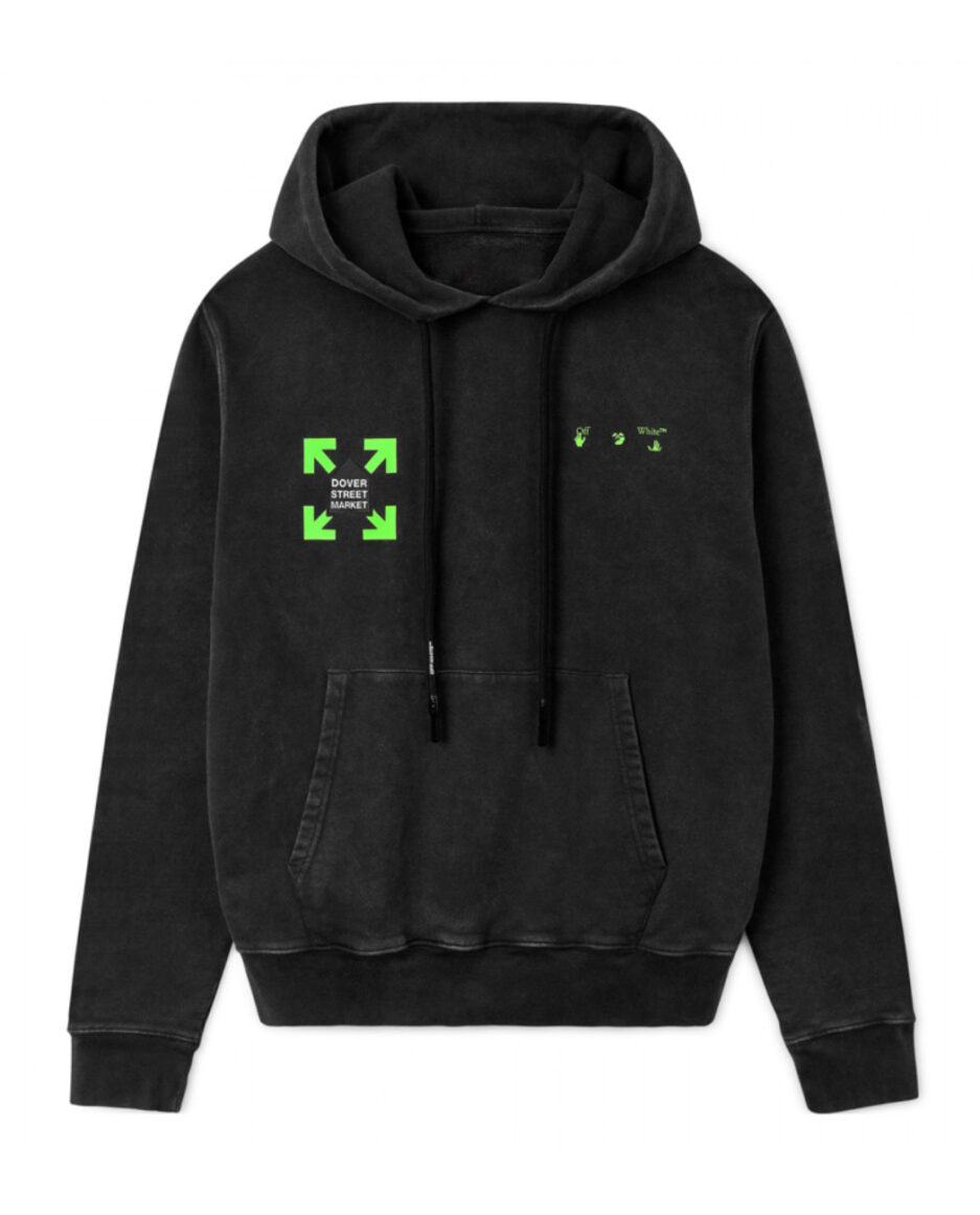 Black Off-White Dover Street Market Hoodie with Green Fluro Hues - Stylish urban fashion hoodie with vibrant accents.