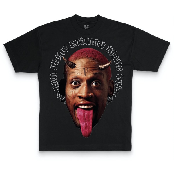 "Black Vlone Rodman Devil T-Shirt - A black cotton t-shirt featuring the Vlone Rodman Devil design."