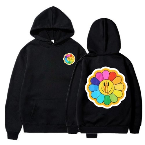 Vlone Sunflower, Murakami Takashi ,Hoodie - A vibrant sunflower design on a black hoodie, a stylish streetwear fashion piece."